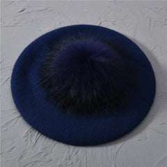 Winter Women's Knitted Wool Beret with Natural Raccoon Fur Pom-Pom Family Shopolf