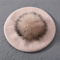 Winter Women's Knitted Wool Beret with Natural Raccoon Fur Pom-Pom Family Shopolf
