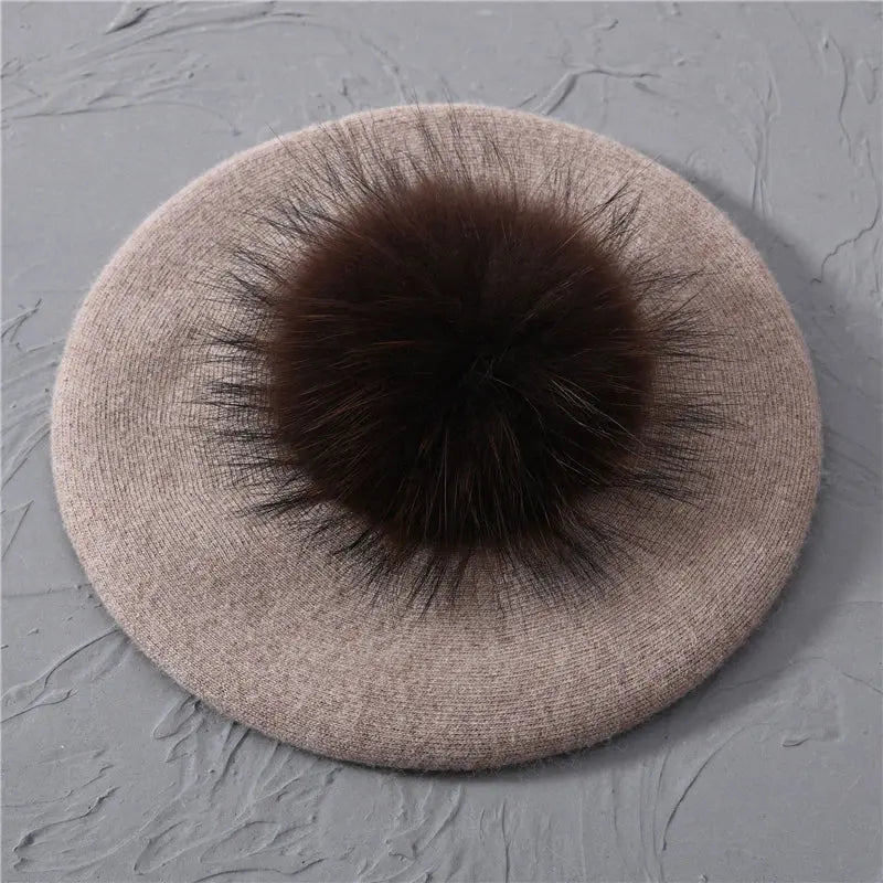 Winter Women's Knitted Wool Beret with Natural Raccoon Fur Pom-Pom Family Shopolf