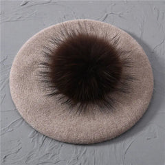 Winter Women's Knitted Wool Beret with Natural Raccoon Fur Pom-Pom Family Shopolf