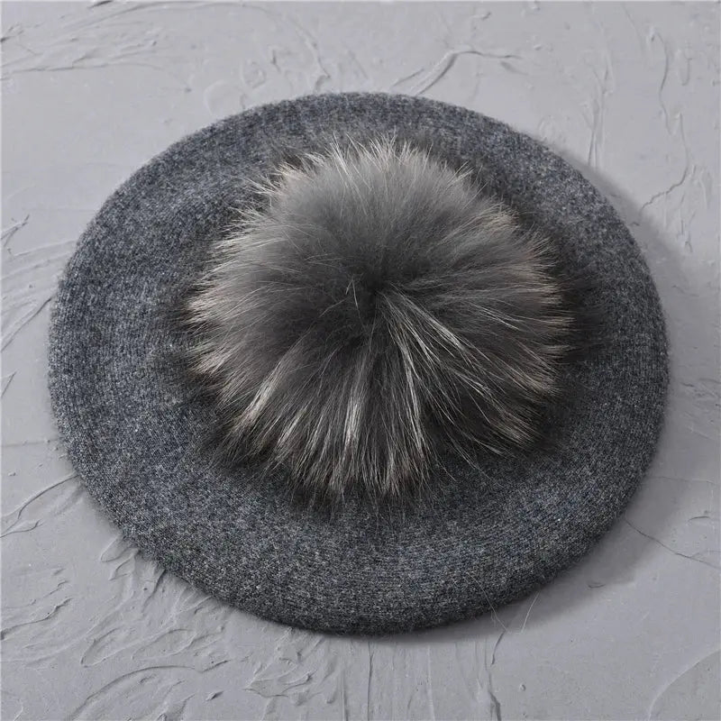 Winter Women's Knitted Wool Beret with Natural Raccoon Fur Pom-Pom Family Shopolf