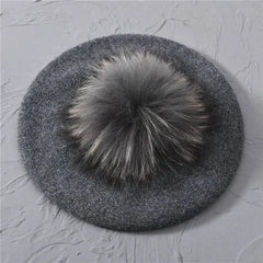 Winter Women's Knitted Wool Beret with Natural Raccoon Fur Pom-Pom Family Shopolf