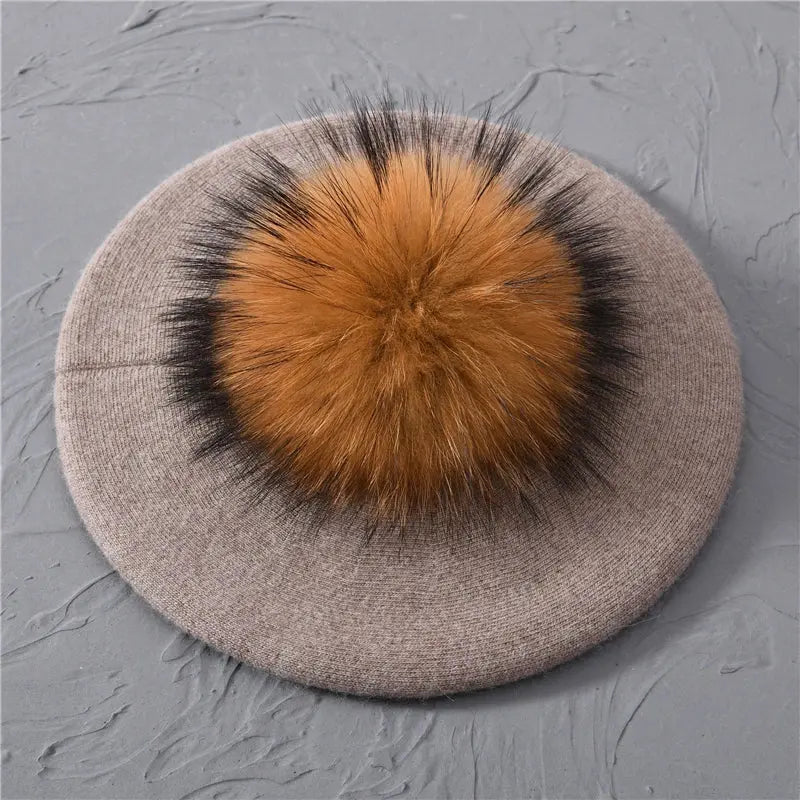 Winter Women's Knitted Wool Beret with Natural Raccoon Fur Pom-Pom Family Shopolf
