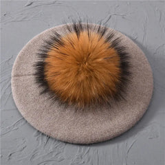 Winter Women's Knitted Wool Beret with Natural Raccoon Fur Pom-Pom Family Shopolf