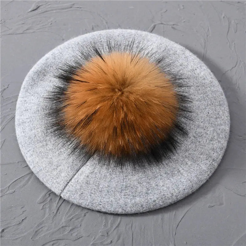 Winter Women's Knitted Wool Beret with Natural Raccoon Fur Pom-Pom Family Shopolf