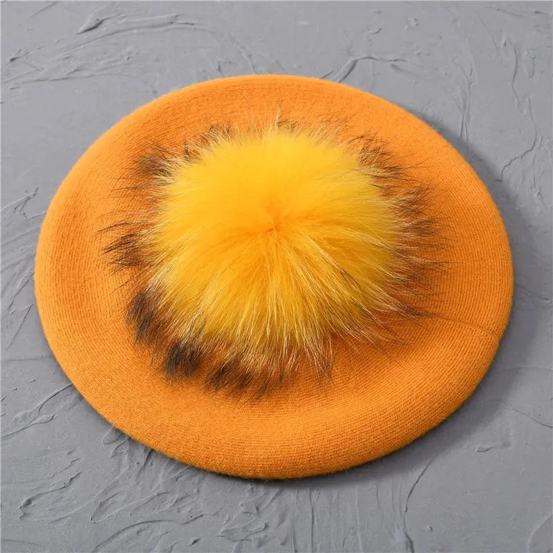 Winter Women's Knitted Wool Beret with Natural Raccoon Fur Pom-Pom Family Shopolf