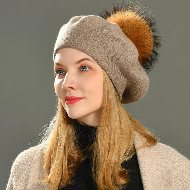 Winter Women's Knitted Wool Beret with Natural Raccoon Fur Pom-Pom Family Shopolf