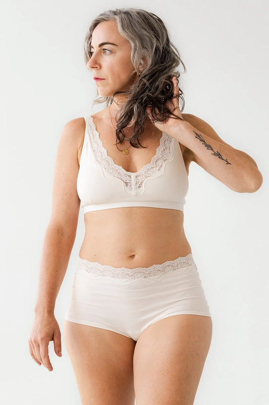 Woman wearing a white lace bra and panties set against a plain background