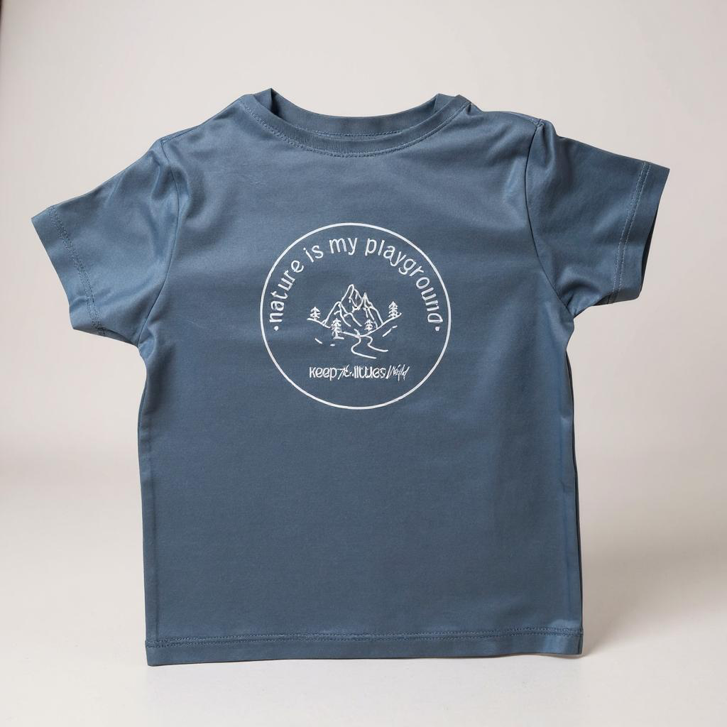 Blue t-shirt with white graphic and text on a light gray background