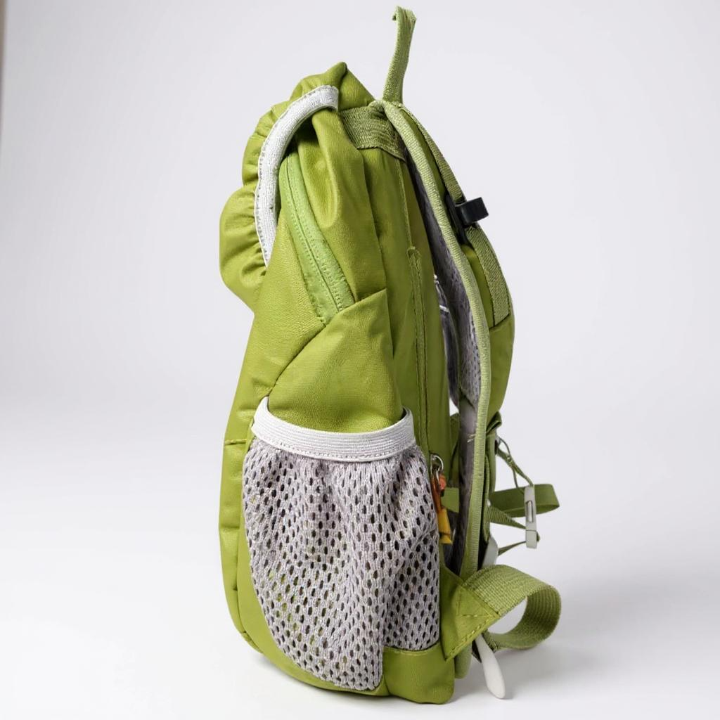 Green backpack with a mesh pocket on a white background