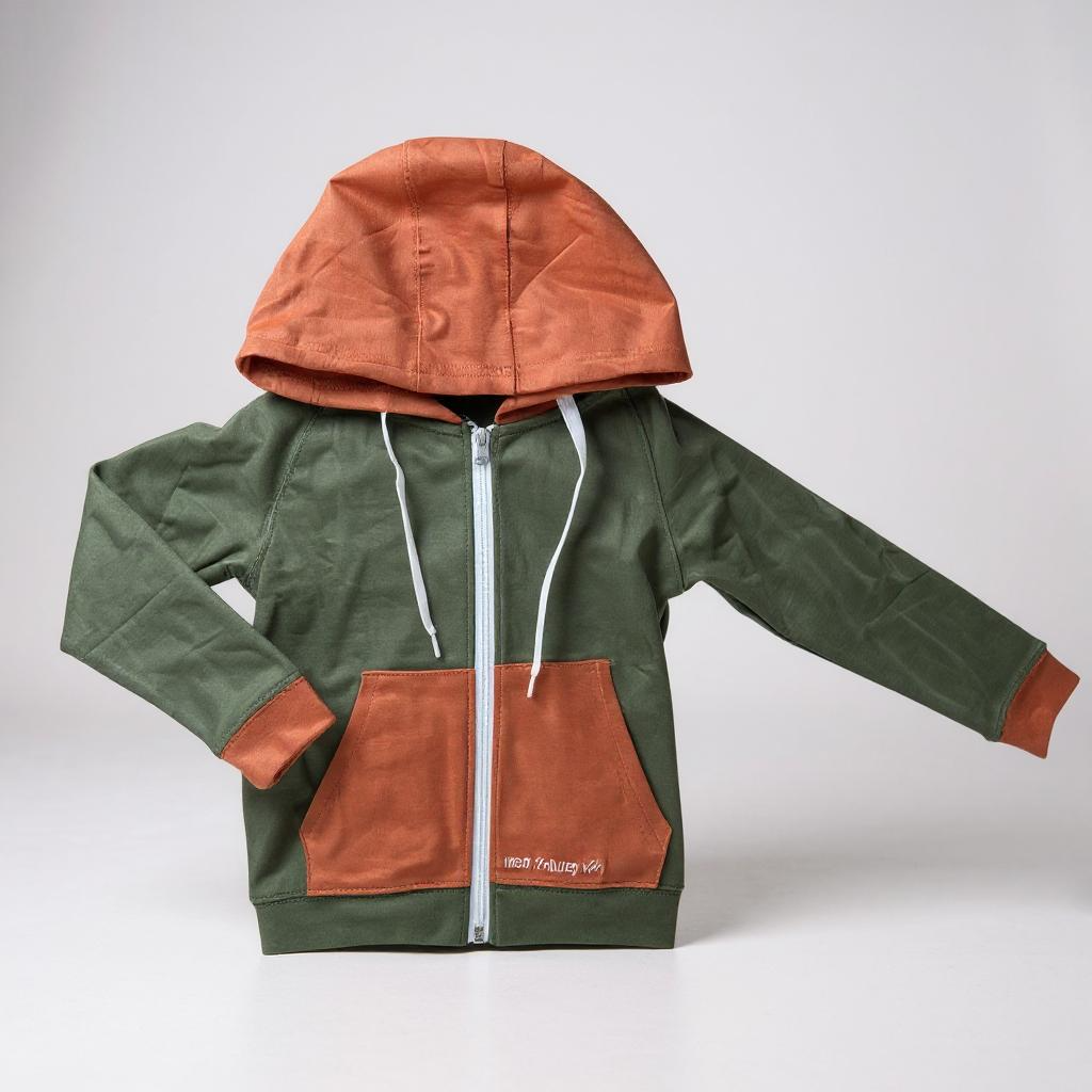 Green and brown hoodie with a zipper on a white background
