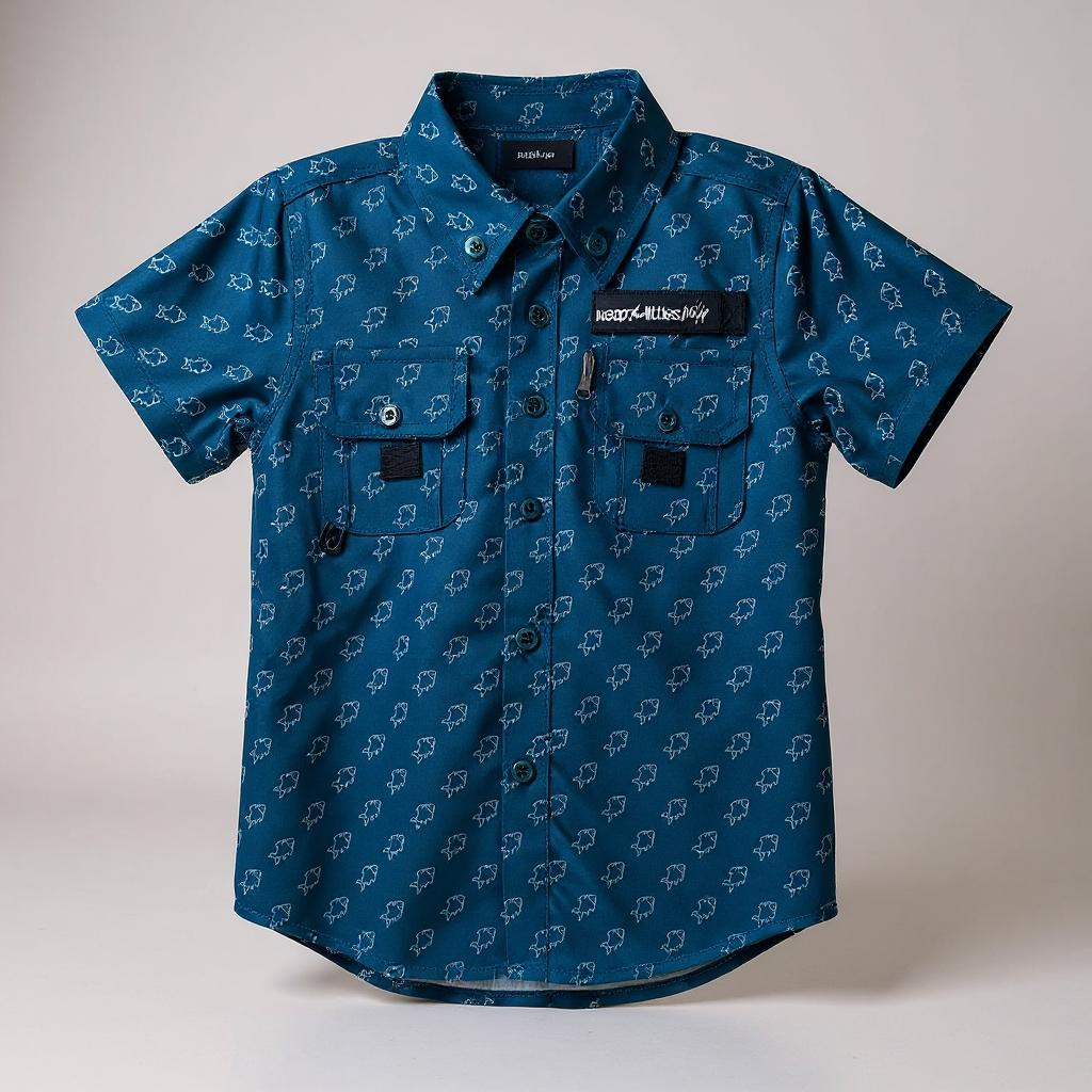 Blue patterned shirt with a brand logo on a light gray background