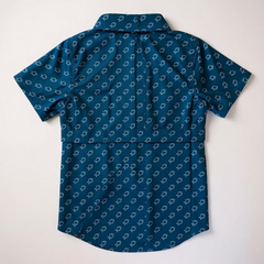 Blue patterned shirt on a white background