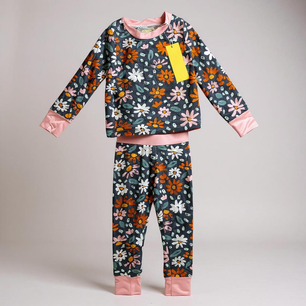 Floral pajama set with pink cuffs on a gray background