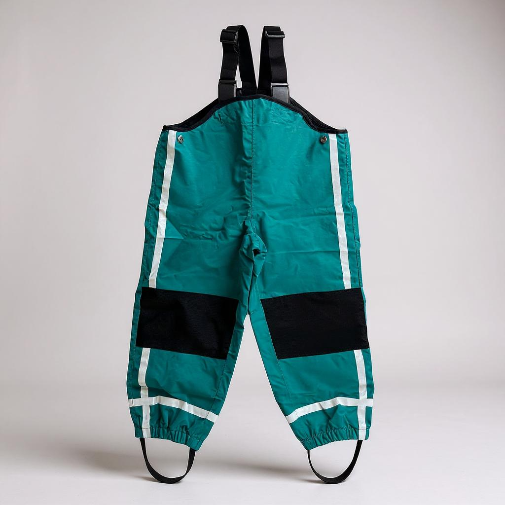 Green bib overalls with black patches on a light gray background