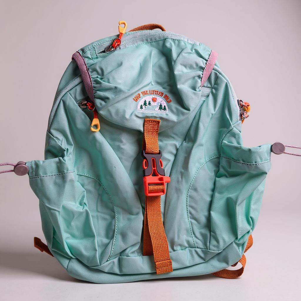 Teal backpack with orange straps on a light gray background