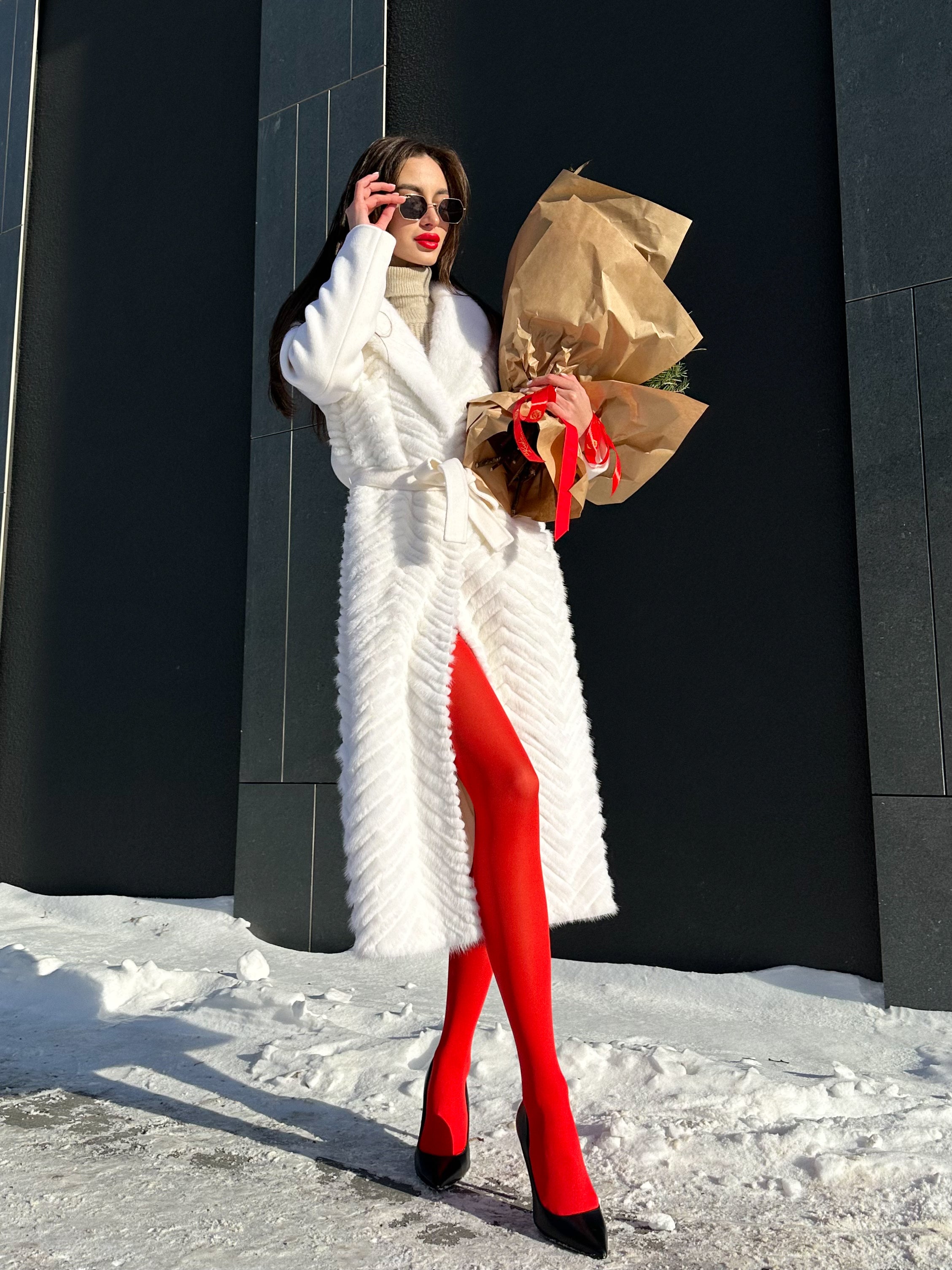 Genuine Mink Fur Rex Fur Trim Virgin Wool Coat in White Alaska® Outerwear Company