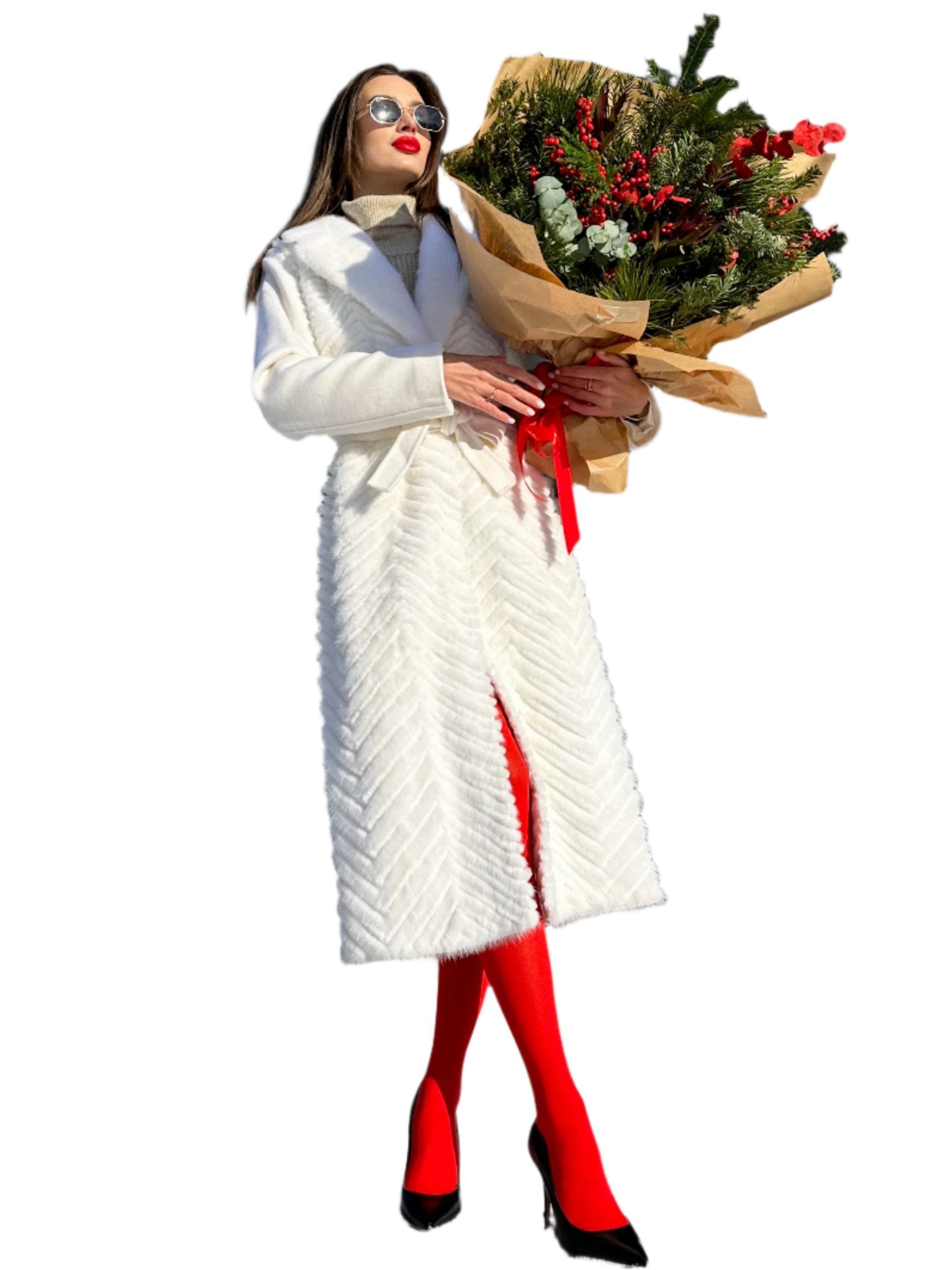 Genuine Mink Fur Rex Fur Trim Virgin Wool Coat in White Alaska® Outerwear Company