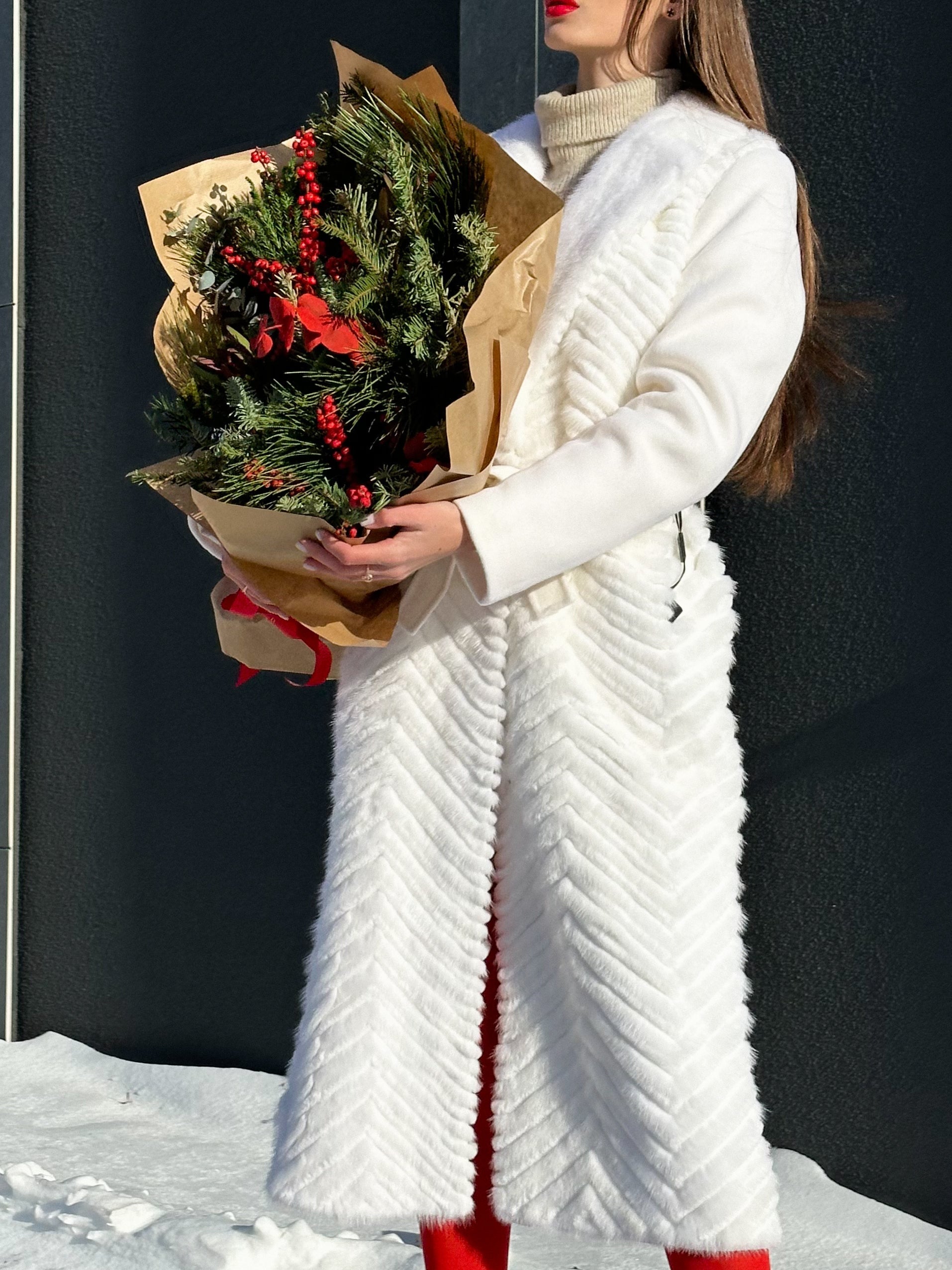 Genuine Mink Fur Rex Fur Trim Virgin Wool Coat in White Alaska® Outerwear Company