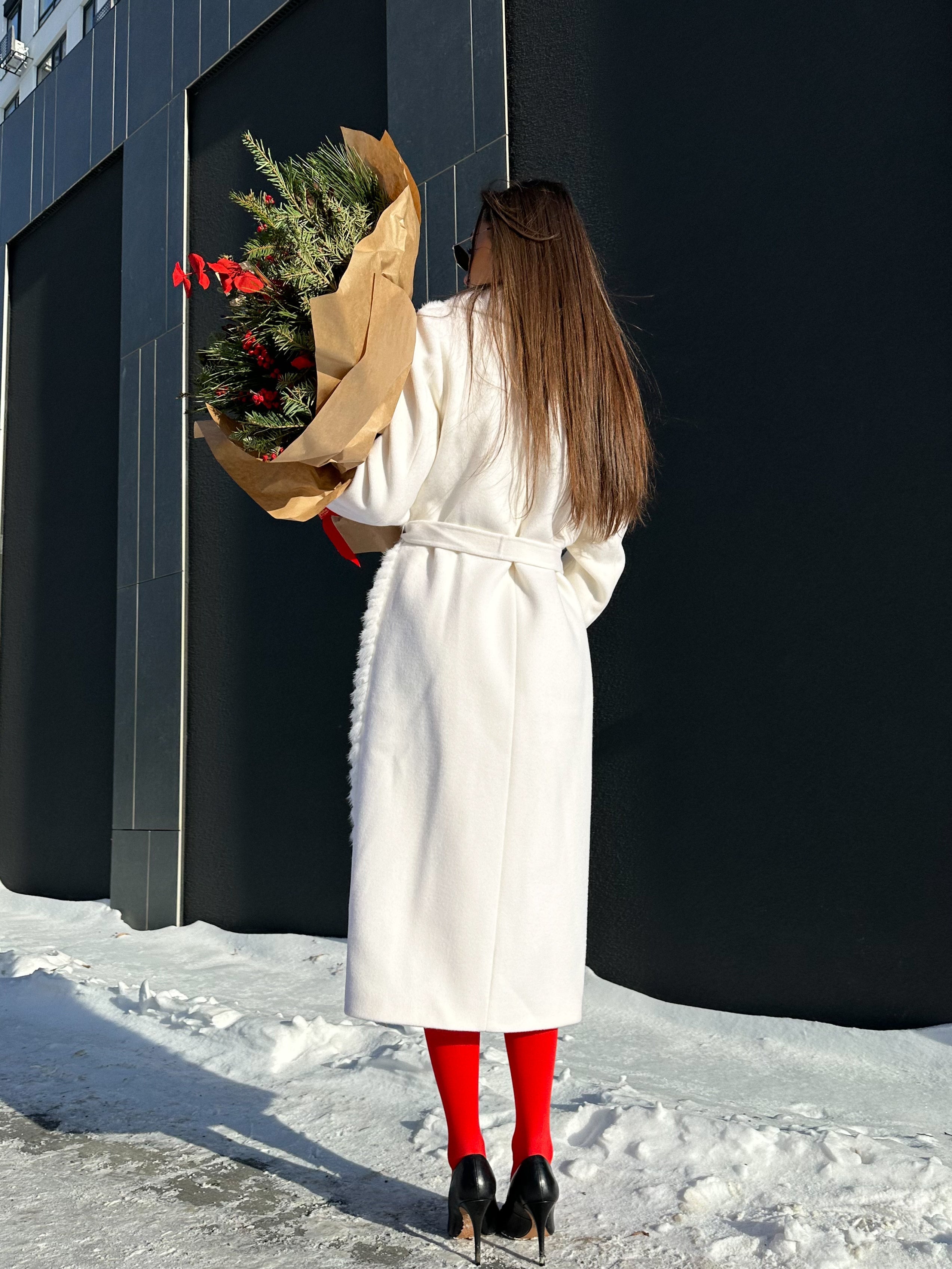 Genuine Mink Fur Rex Fur Trim Virgin Wool Coat in White Alaska® Outerwear Company