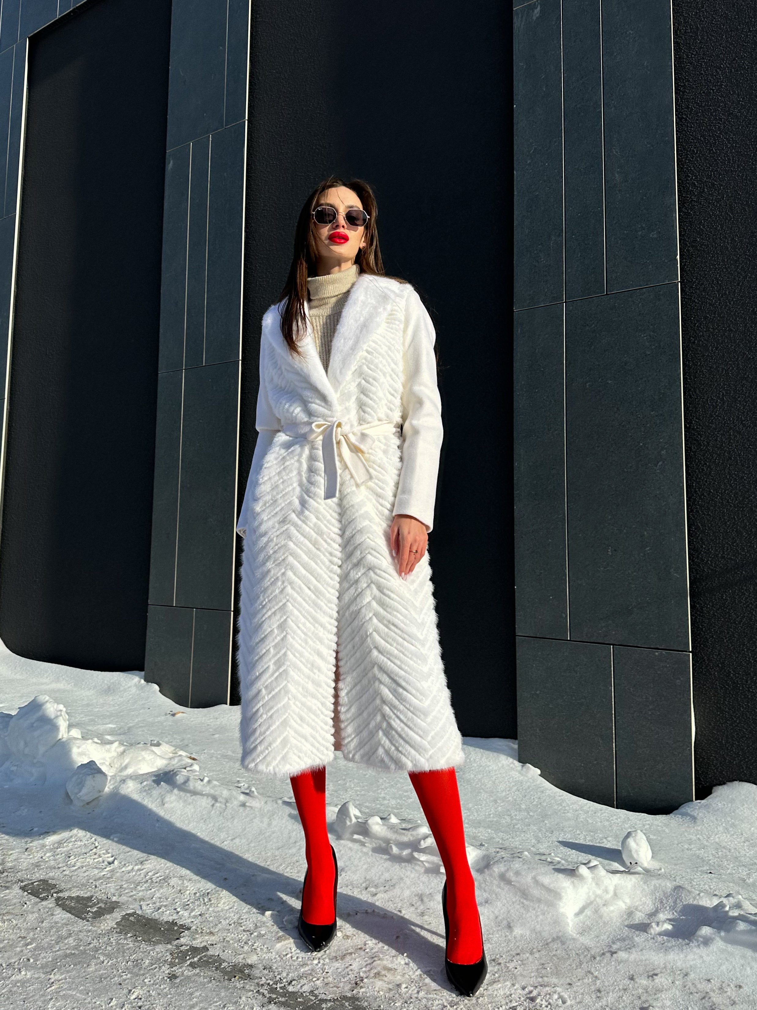 Genuine Mink Fur Rex Fur Trim Virgin Wool Coat in White Alaska® Outerwear Company