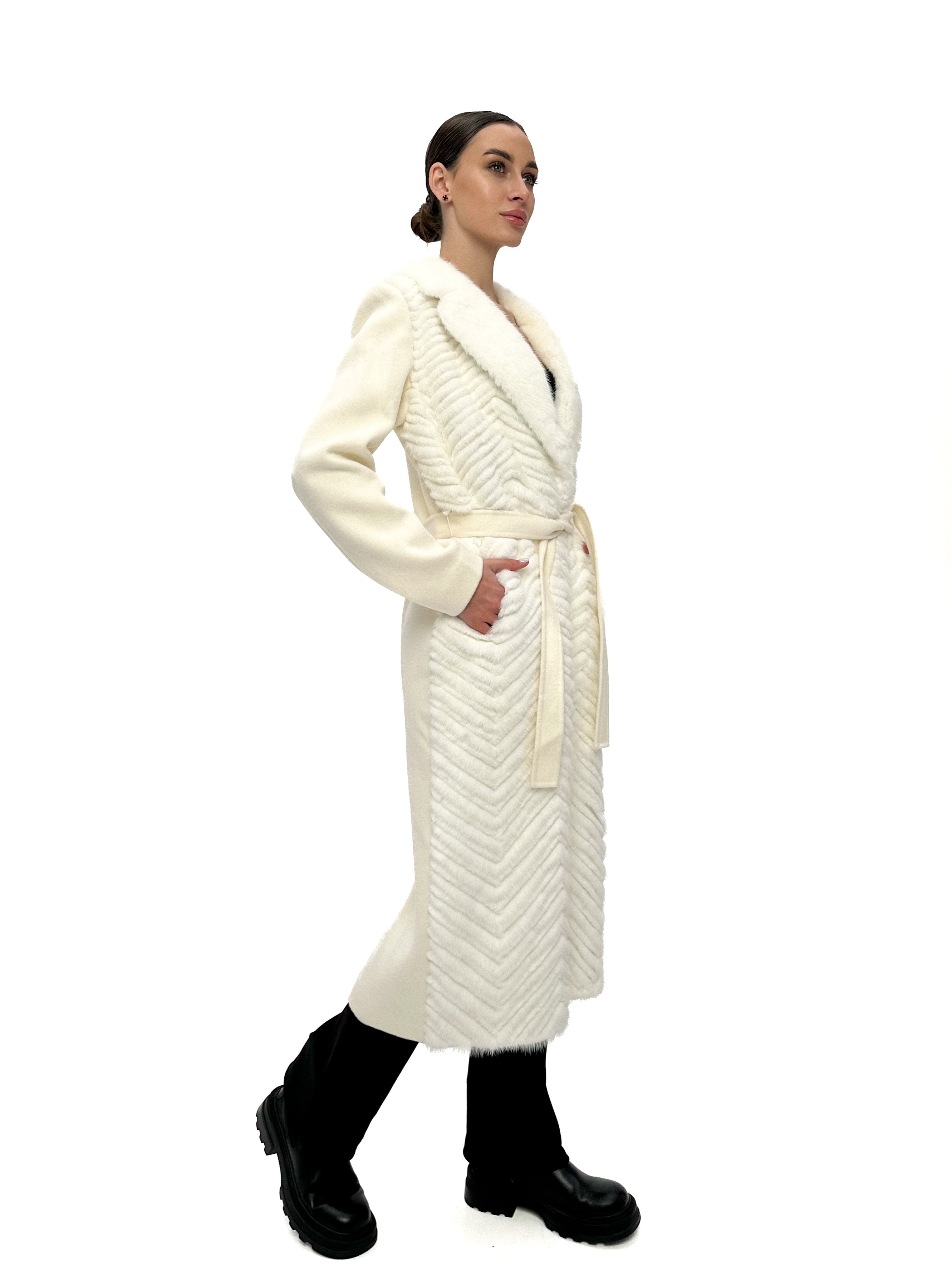 Genuine Mink Fur Rex Fur Trim Virgin Wool Coat in White Alaska® Outerwear Company
