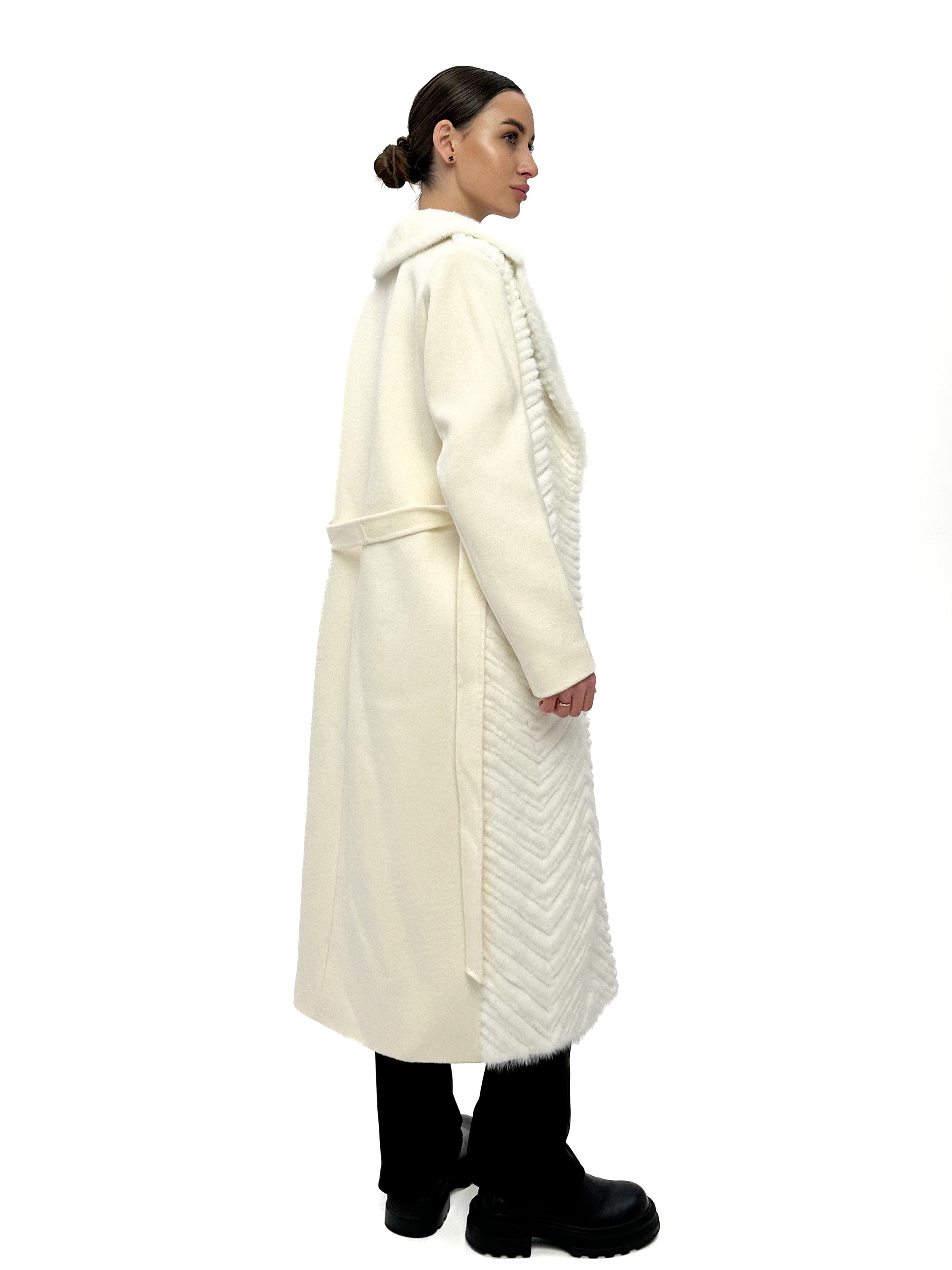 Genuine Mink Fur Rex Fur Trim Virgin Wool Coat in White Alaska® Outerwear Company