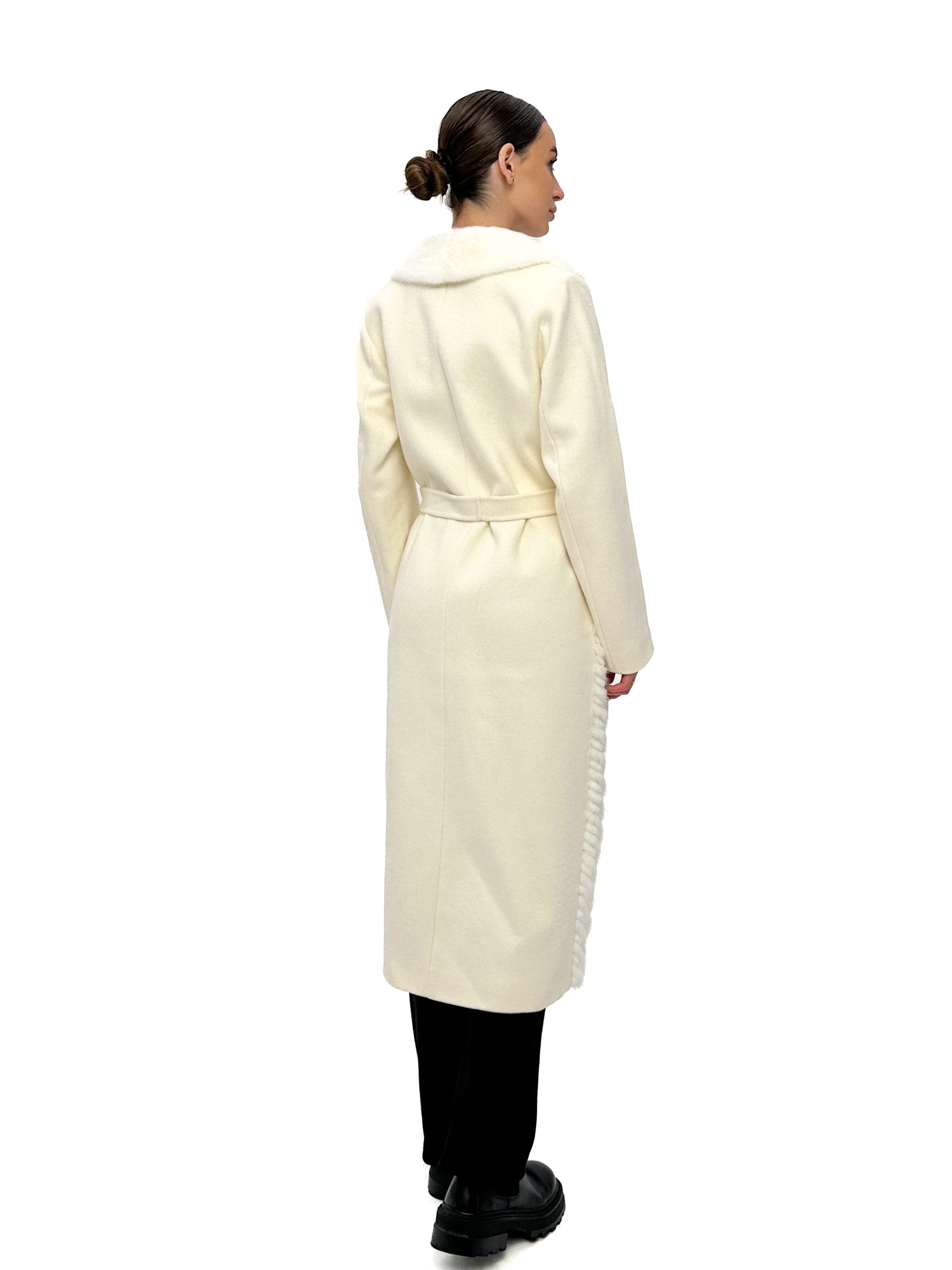 Genuine Mink Fur Rex Fur Trim Virgin Wool Coat in White Alaska® Outerwear Company