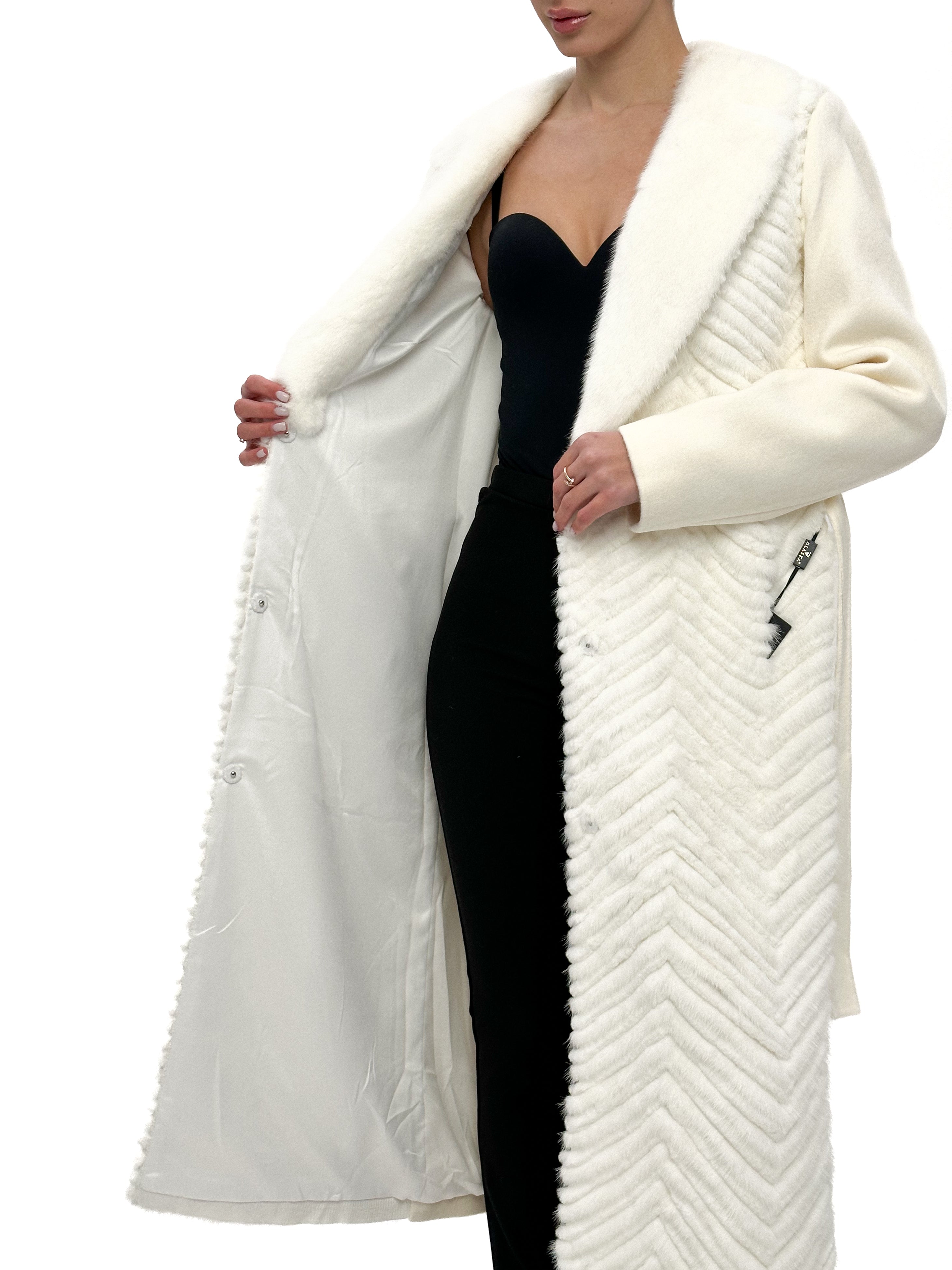 Genuine Mink Fur Rex Fur Trim Virgin Wool Coat in White Alaska® Outerwear Company