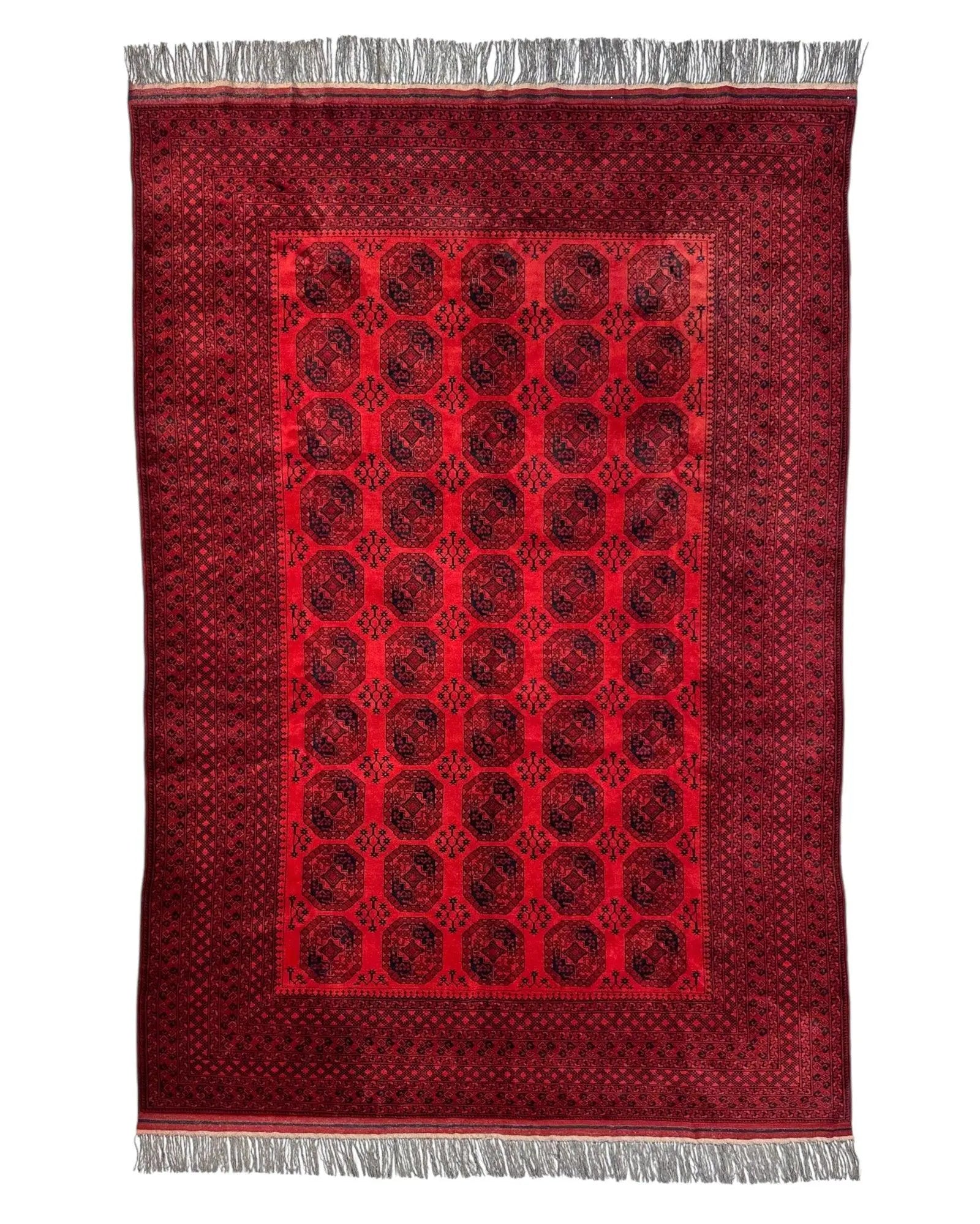 Hand-Knotted Turkoman Ersari Wool Rug – 6’7” x 9’6” – Rich Red Tones, Geometric Design Rugistan