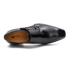 Black leather dress shoe with a visible brand logo on a white background