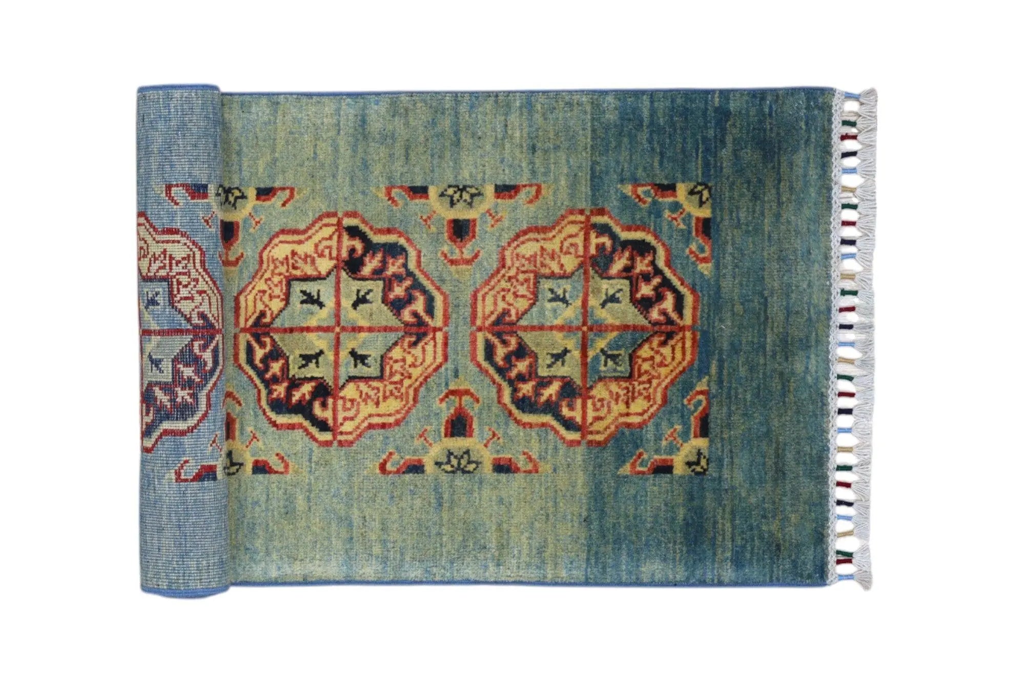 Hand-Knotted Kazak Afghani Wool Rug I Green 2' x 5'7" Rugistan