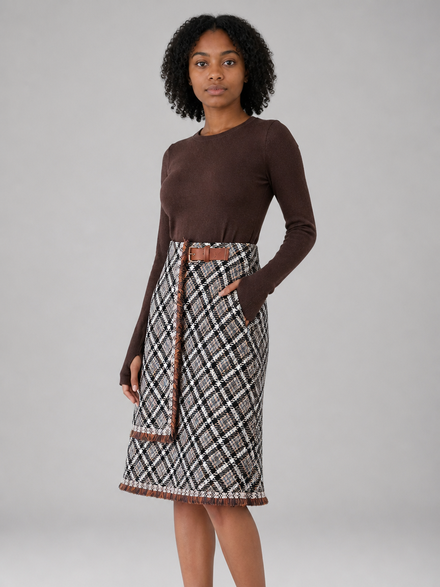 A woman modeling a brown long-sleeve knit top paired with a black, white, and brown plaid skirt featuring a matching brown belt.