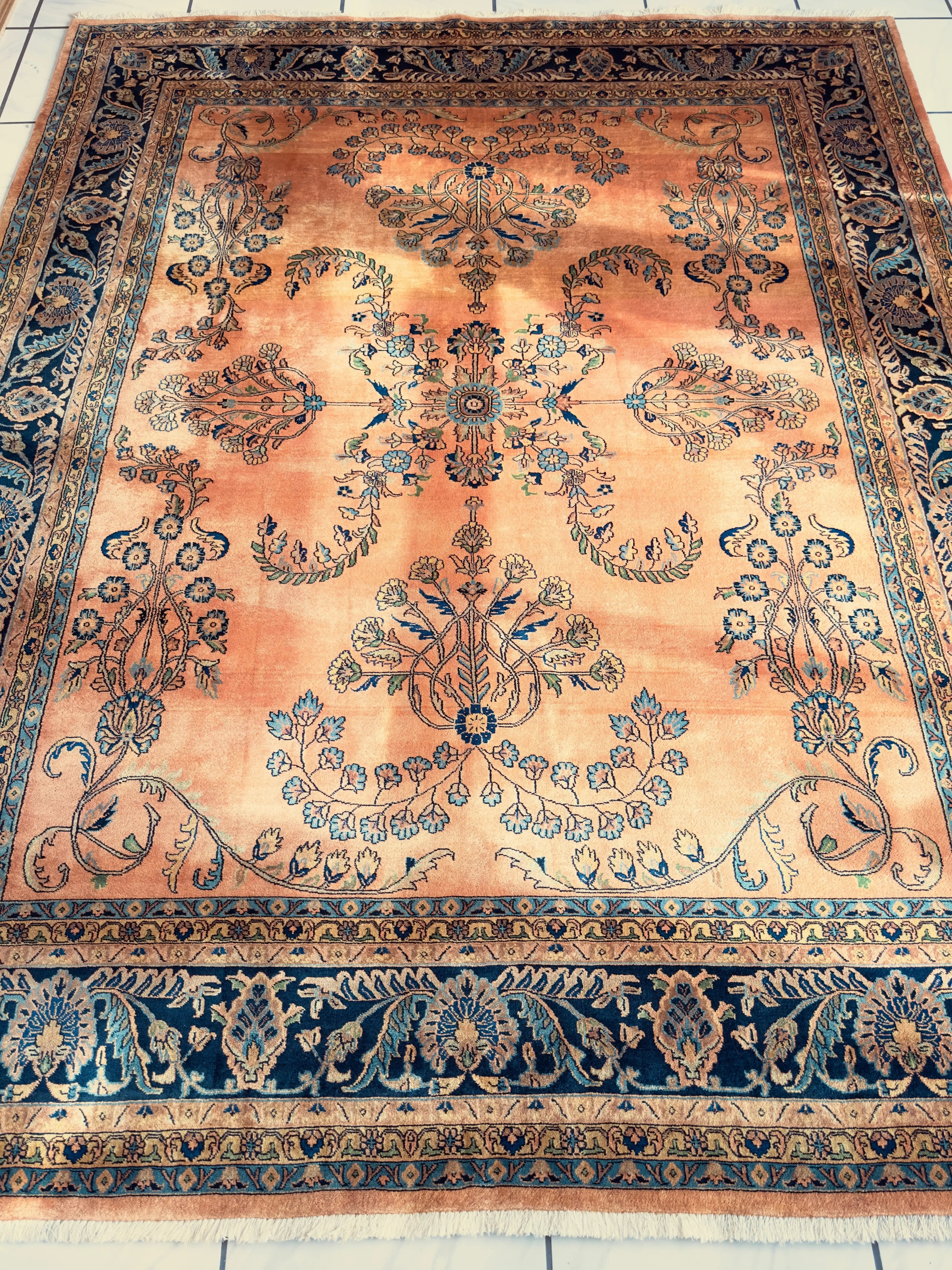 Hand-Knotted Indo-Sarouk Wool Rug – 8' x 10' – Peach Field with Navy Border Rugistan
