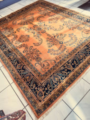 Hand-Knotted Indo-Sarouk Wool Rug – 8' x 10' – Peach Field with Navy Border Rugistan