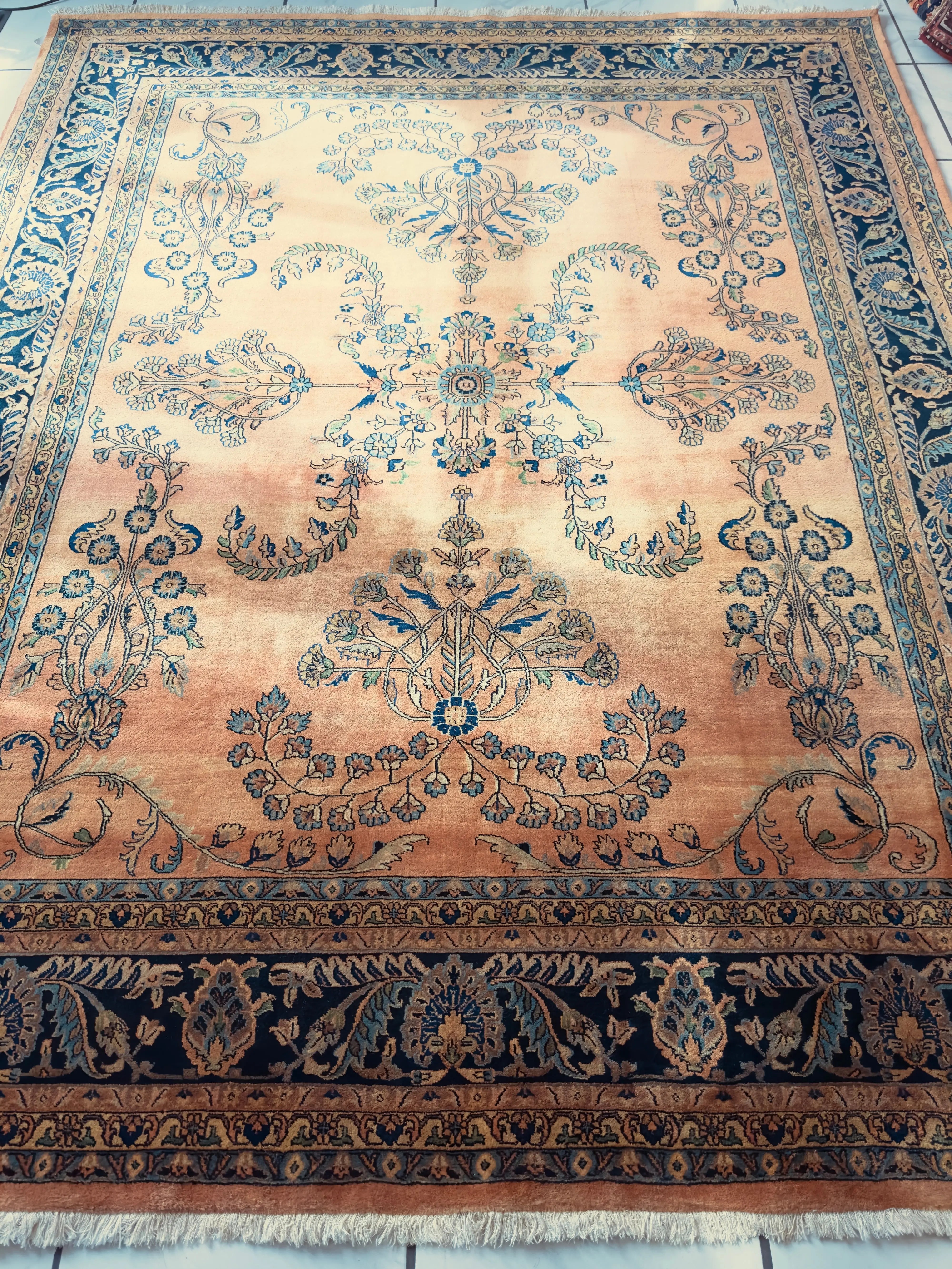 Hand-Knotted Indo-Sarouk Wool Rug – 8' x 10' – Peach Field with Navy Border Rugistan