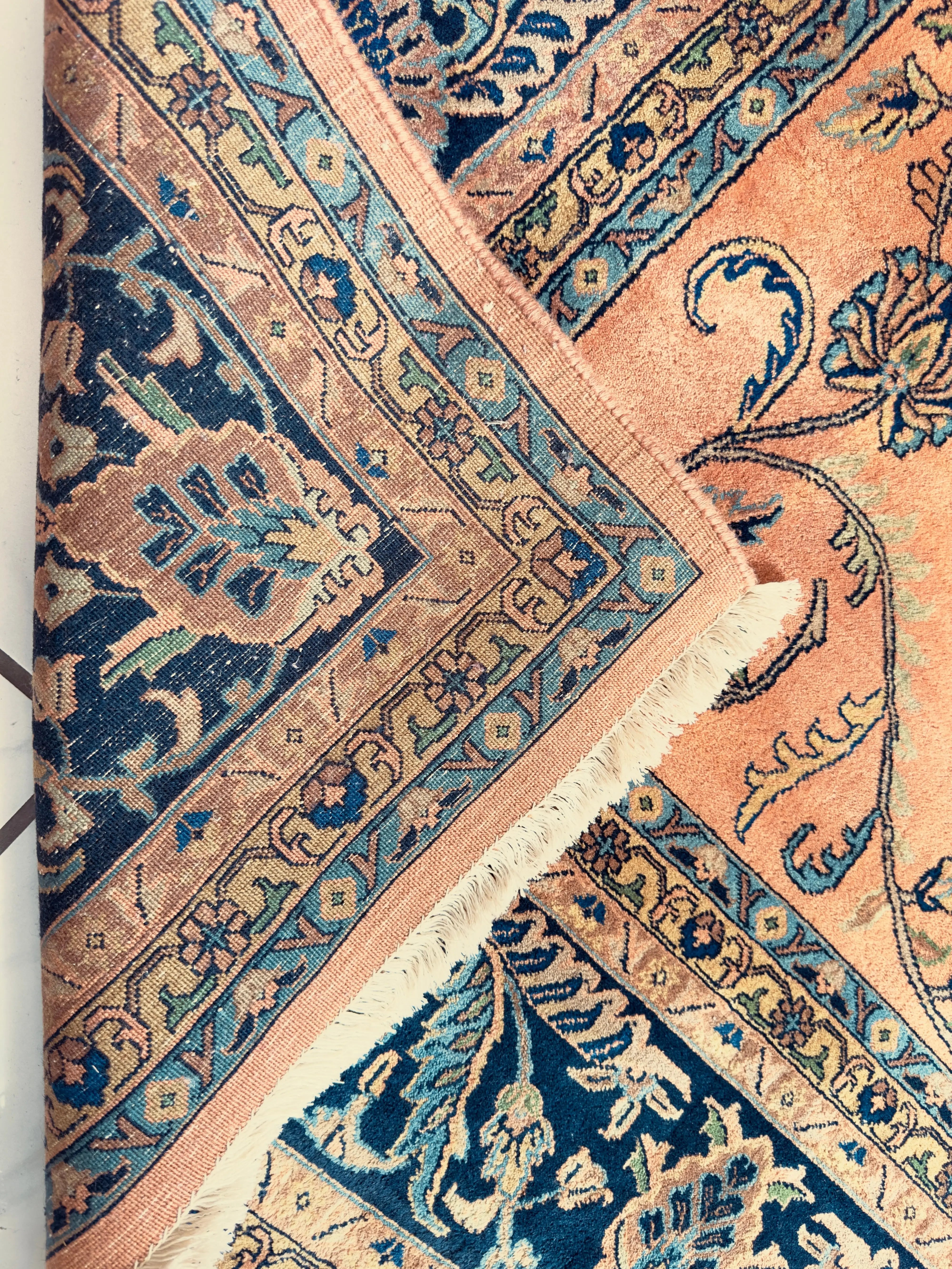 Hand-Knotted Indo-Sarouk Wool Rug – 8' x 10' – Peach Field with Navy Border Rugistan