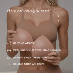 Woman holding silicone butt pads with text on a neutral background