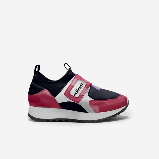 Multicolored sneaker with a visible brand logo on a white background