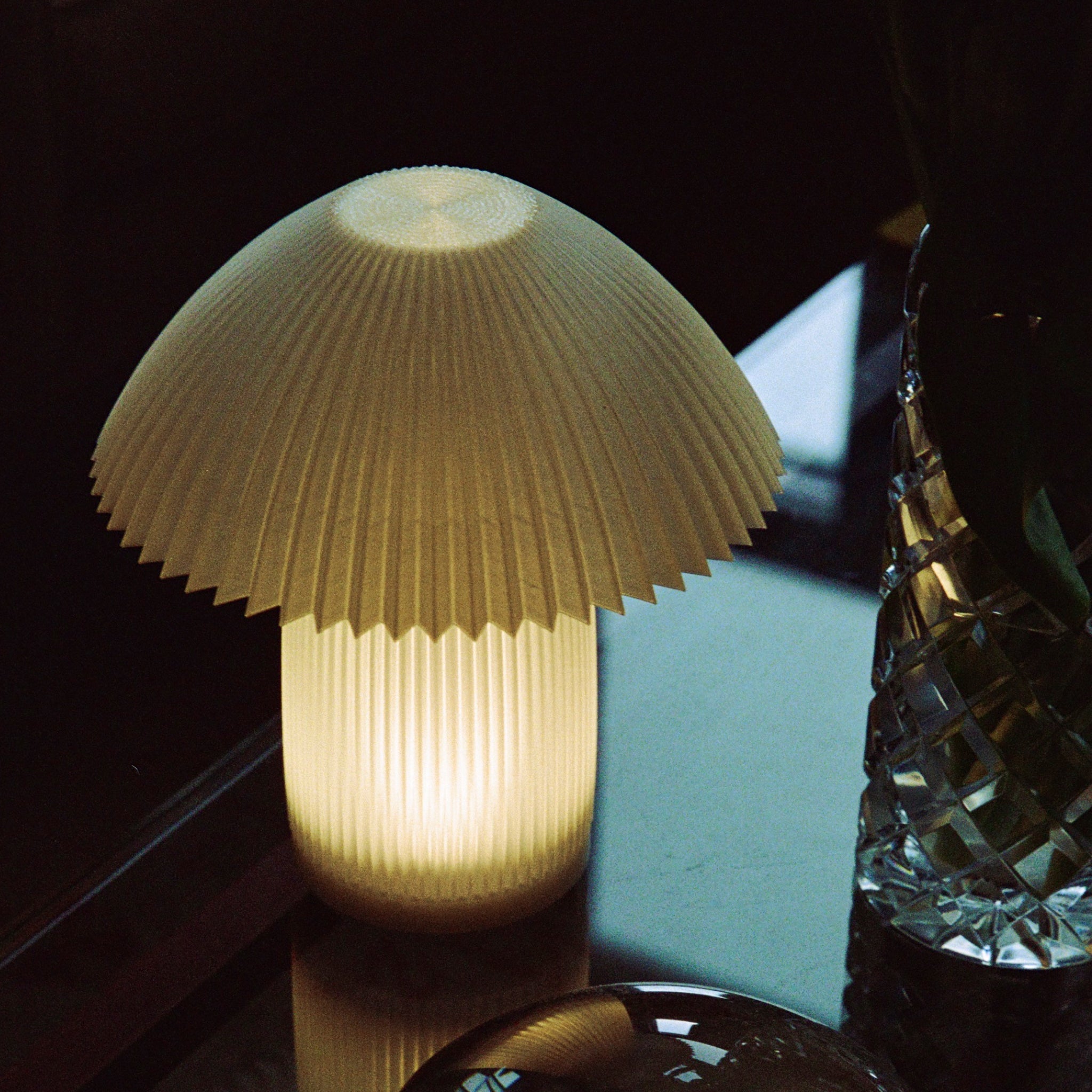 Mushroom-shaped lamp on a reflective surface with a dark background
