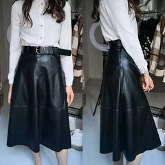 Long Faux Leather Skirt with Belt | High Waist Elegance