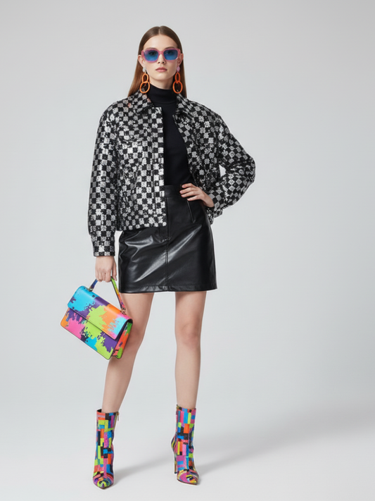 Woman in a checkered jacket, black leather skirt, and colorful shoes holding a multicolored bag on a white background