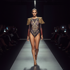Model walking on a fashion show runway wearing an ornate bodysuit.