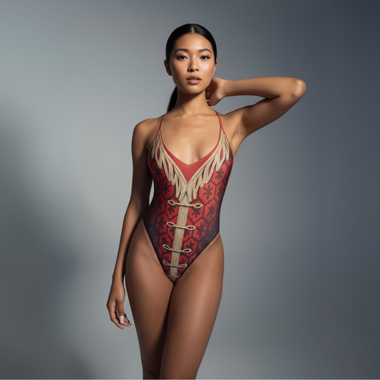Model wearing a red and gold swimsuit with intricate design on a gray background