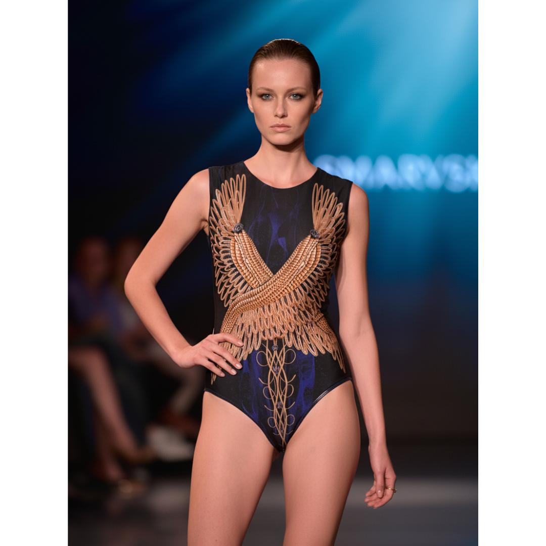 Model wearing a black and gold embellished swimsuit on a runway with a blurred background