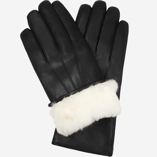 Black leather gloves with white fur cuff on a white background