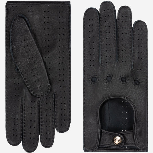 Black driving gloves with perforated design on a white background