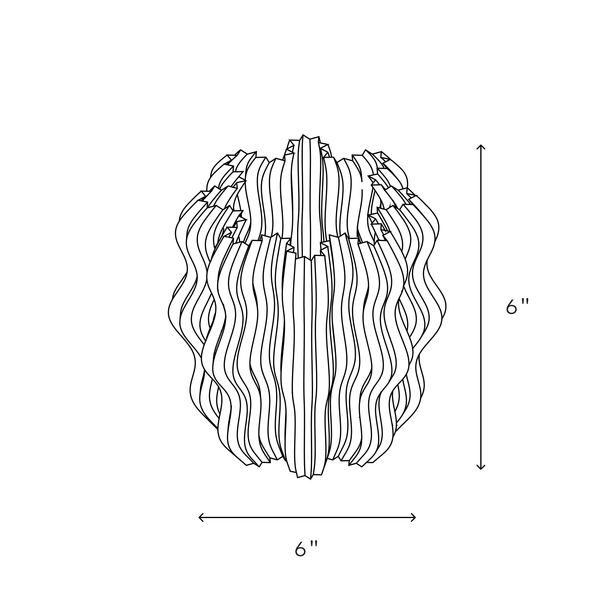 Line drawing of a wavy-patterned vase with dimensions on a white background