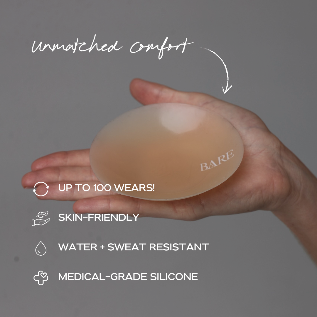 Hand holding a silicone gel pad labeled 'BARE' with text highlighting features on a gray background