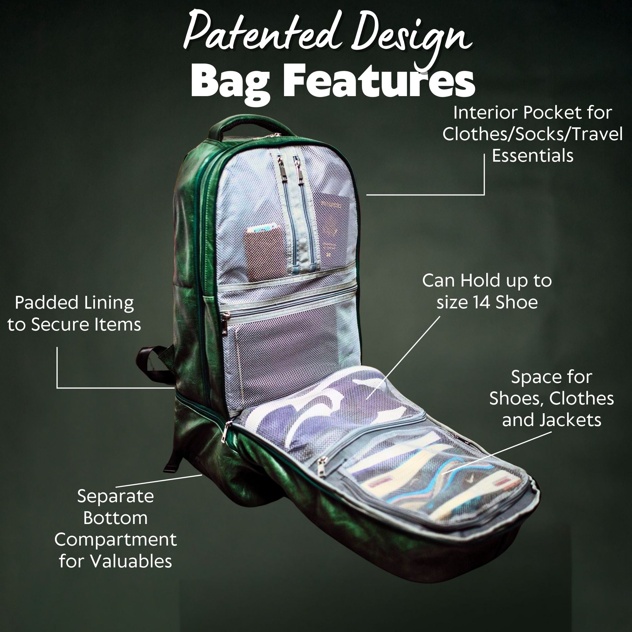 Emerald Green Leather Carry-On Patented Backpack Sole Premise